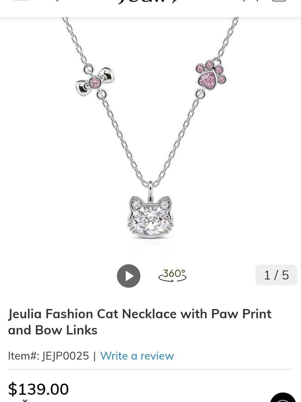 Jeulia Pink Paw & Bow Cat Necklace in Silver